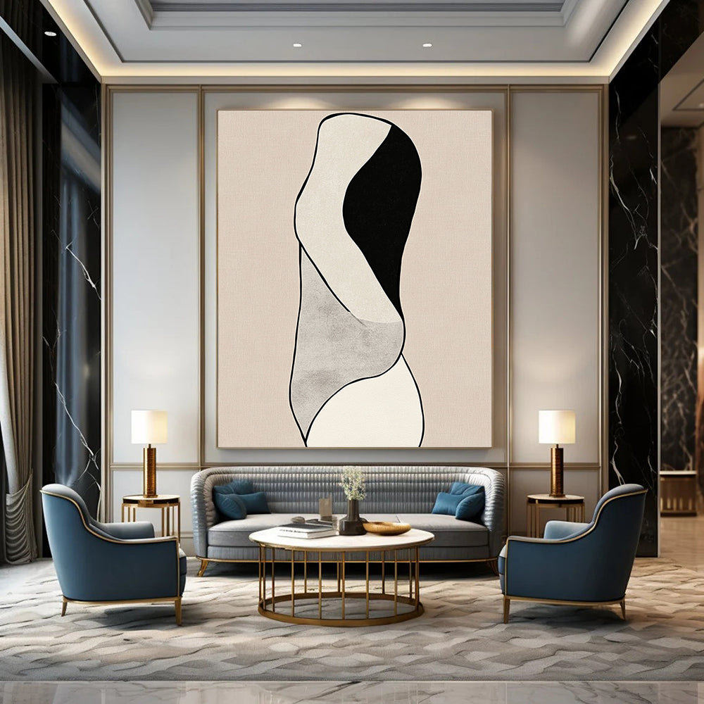 Contemporary hand-drawn abstract artwork featuring minimalist line art and woman's body curves against a black and white design on a beige background. DLZ1632