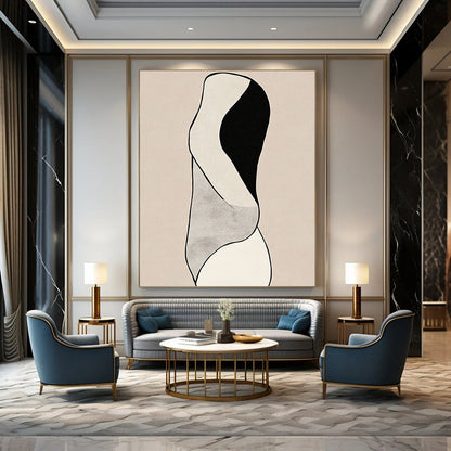 Contemporary hand-drawn abstract artwork featuring minimalist line art and woman's body curves against a black and white design on a beige background. DLZ1632