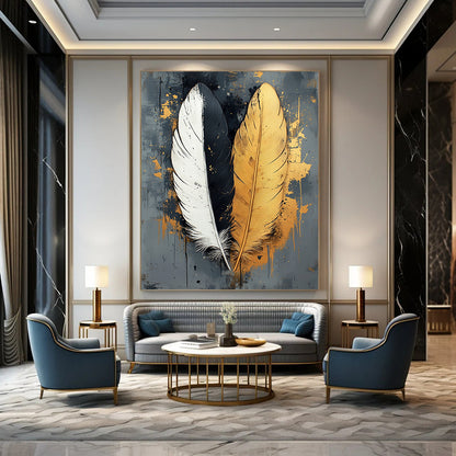 Contemporary abstract art featuring two feathers one white one black with gold accents on a textured grey canvas perfect for modern decor. DLZ1716