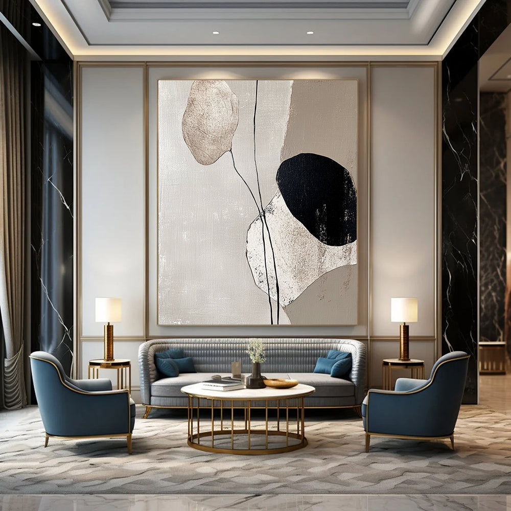 Contemporary hand-painted abstract art featuring tranquil beige tones and textured stone-like forms highlighting calmness and minimalism in any space. DLZ1132