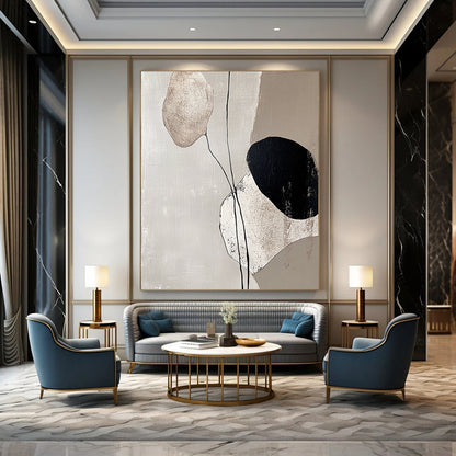 Contemporary hand-painted abstract art featuring tranquil beige tones and textured stone-like forms highlighting calmness and minimalism in any space. DLZ1132