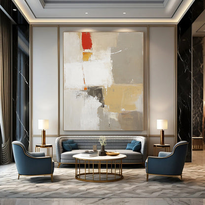 Large contemporary abstract artwork featuring textured layers in white with red and yellow accents and soft brush strokes. DLZ0919