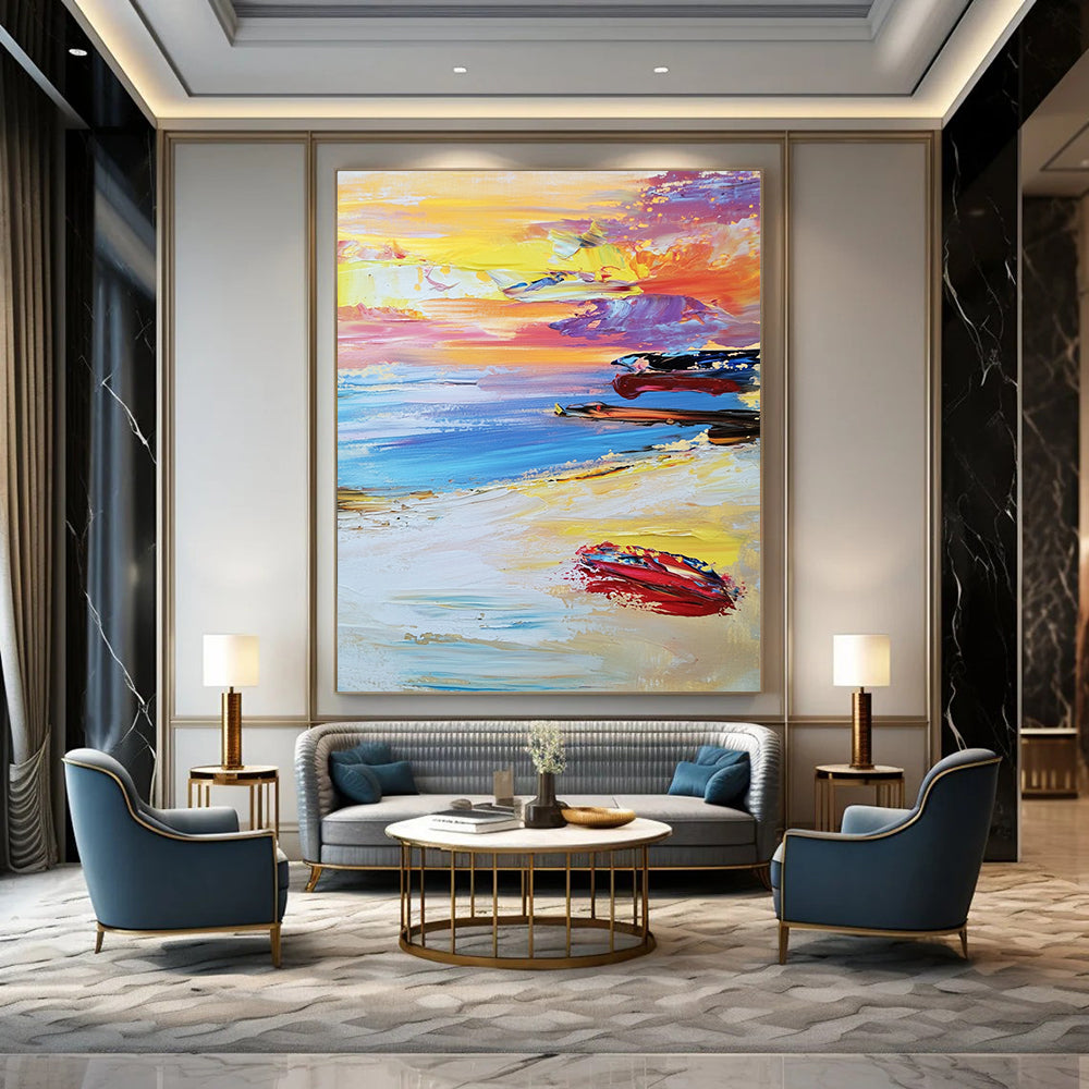 Contemporary abstract beach artwork features a vibrant sunset with colorful waves and boats under a dreamy pastel sky and soft white sand below. DLZ1504