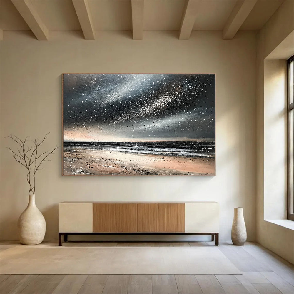 “Starry Beach Night” - Blacks, whites, beiges, silvers; Starry sky over a quiet beach; Mixed Media Painting On Canvas HB1183