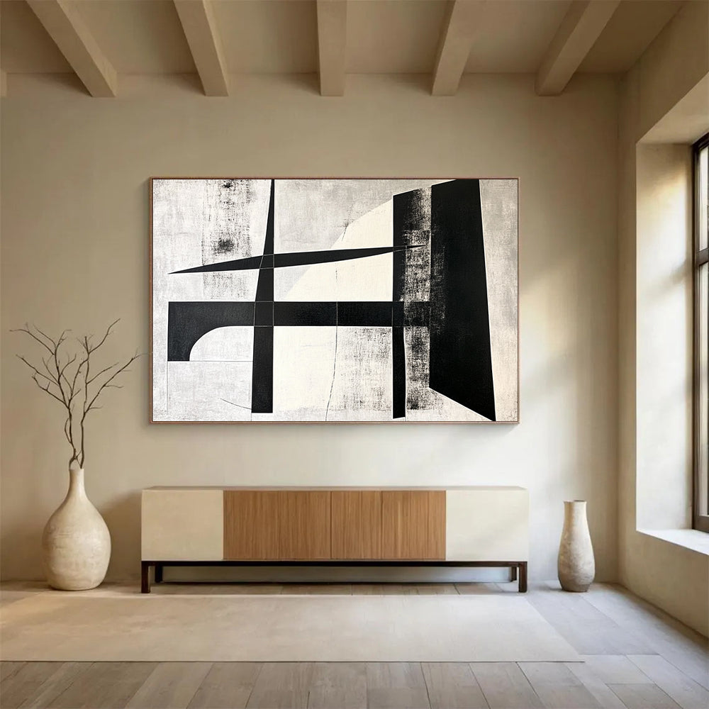 Geometric Black and White Cross - Precision Abstract Painting On Canvas HB0464