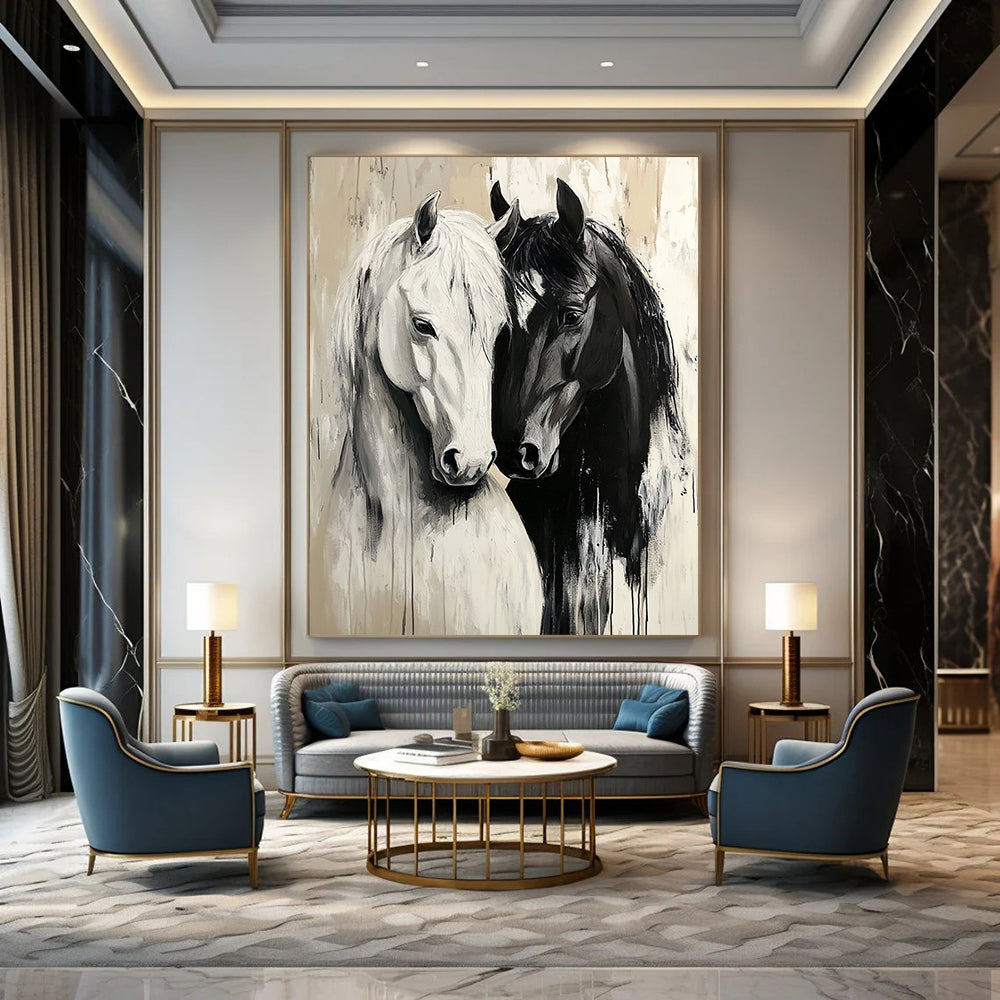 Contemporary large canvas painting featuring detailed black and white horses in love on a serene beige background with atmospheric brush strokes. DLZ1661