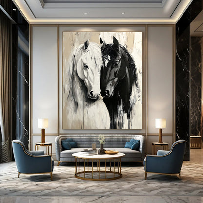 Contemporary large canvas painting featuring detailed black and white horses in love on a serene beige background with atmospheric brush strokes. DLZ1661
