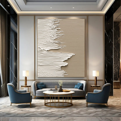 Contemporary abstract artwork featuring textured white paint on wood with a beige backdrop inspired by ocean waves in a unique splash art style. DLZ1232
