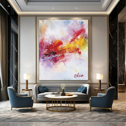 Contemporary abstract artwork featuring the word Ethsun in elegant calligraphy with warm colors and soft brushstrokes creating a serene atmosphere. DLZ1067