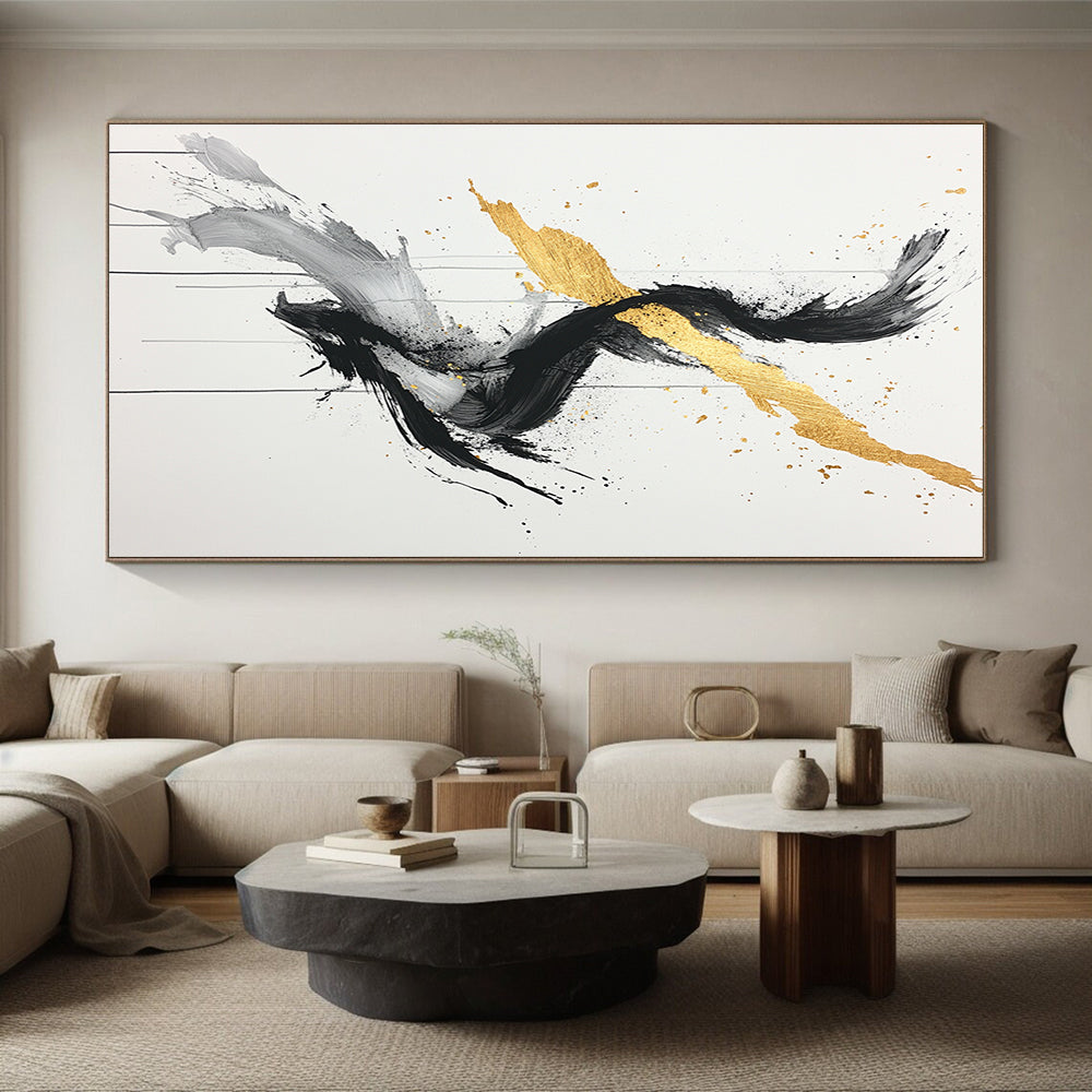 Black, White, Gold, Gray, Twisted Swirls "Gilded Twist" Abstract Expressionist Painting On Canvas HB097