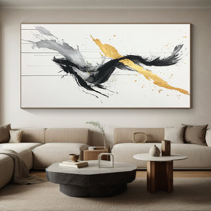 Black, White, Gold, Gray, Twisted Swirls "Gilded Twist" Abstract Expressionist Painting On Canvas HB097
