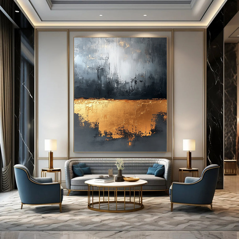 Large contemporary abstract painting in gray and gold tones with gold foil and strong textures for luxurious wall decor. DLZ0521