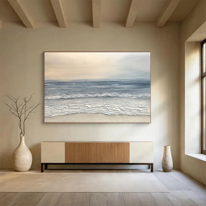 “Textured Seaside Calm” - Soft gray sea, beige sky, Textural Landscape Painting On Canvas HB0578