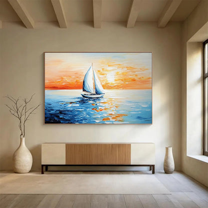 “Single Sailboat at Sunset” - Oranges, Reds, Blues, Solitary Sailboat on the Sea - Impasto Oil Painting HB1737