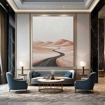 Contemporary abstract painting featuring a tranquil desert road with distant hills in subtle light browns and grays against a white background for serene ambiance. DLZ1451