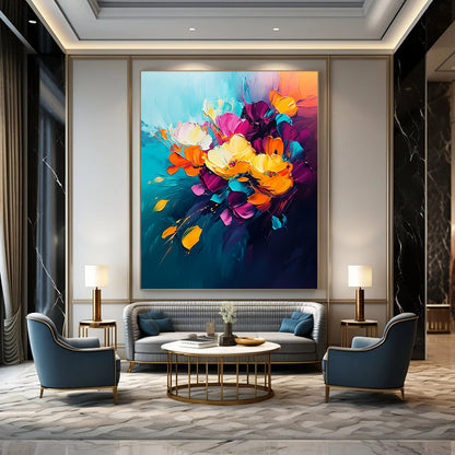 Large contemporary abstract painting featuring vibrant flowers on dark blue background with orange and pink accents soft brush strokes create energetic modern art style. DLZ0619