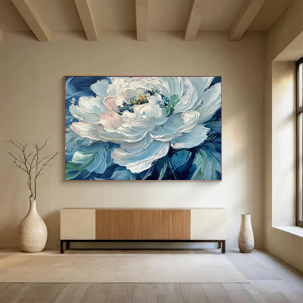 “Impasto White Peony on Blue” - White peony, blue background, thick brushstrokes, Impasto Floral Painting On Canvas HB0599