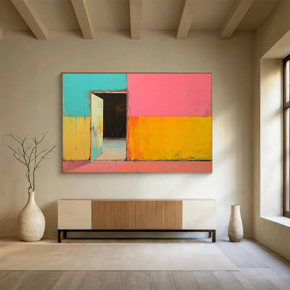 “Colorful Doorway” - A doorway in a brightly colored wall, Abstract Architectural Painting On Canvas HB0553