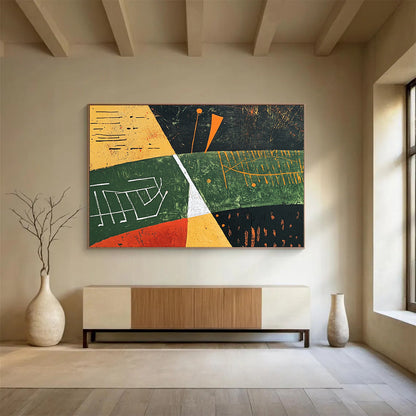“Geometric Landscape Abstract” - Green, Yellow, Orange, Black, White, Geometric Fields, Symbols - Painting On Canvas HB1445