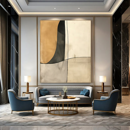 Contemporary hand-painted abstract art featuring deconstructed minimalism in cream and gray tones with negative space and fluid shapes. DLZ1391