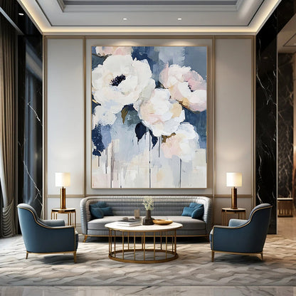 Contemporary abstract art featuring large brush strokes with light blue and white flowers such as peonies and roses accented by navy tones. DLZ0380