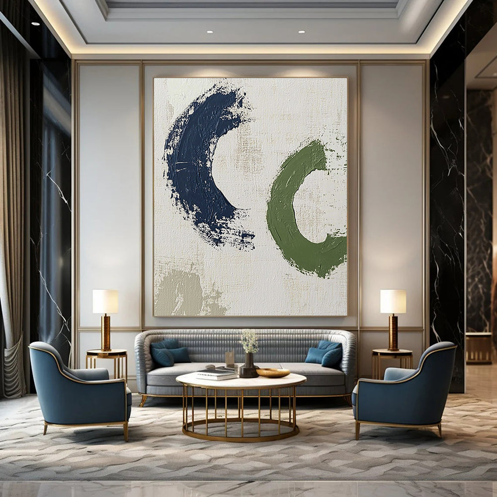 Contemporary abstract artwork featuring bold brush strokes in dark blue and green, creating minimalistic shapes on a white background. DLZ1625