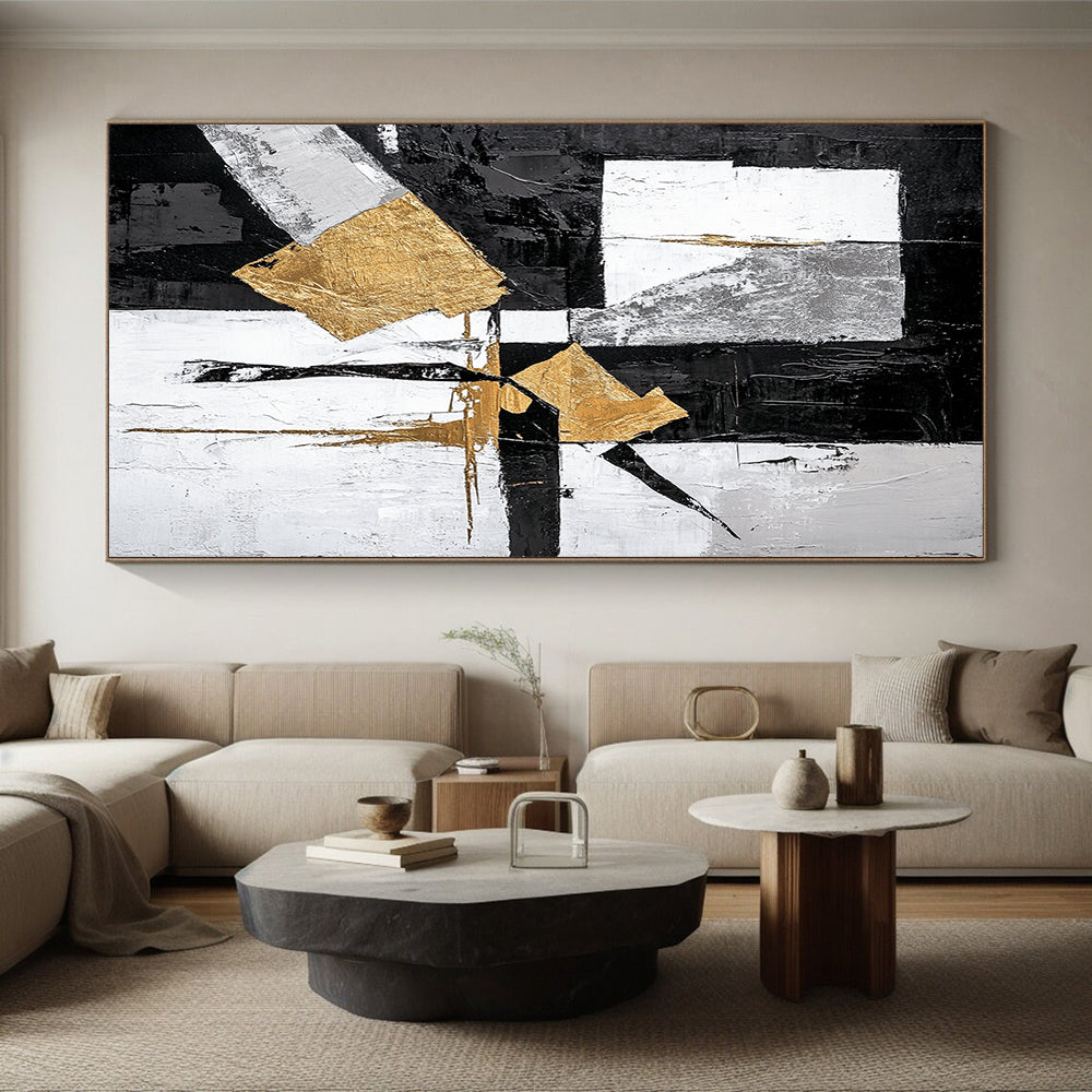 Black, White, Gray, Gold, Angular Shapes "Gilded Geometry" Abstract Minimalist Painting On Canvas HB062