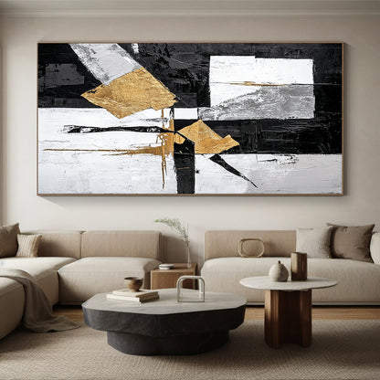 Black, White, Gray, Gold, Angular Shapes "Gilded Geometry" Abstract Minimalist Painting On Canvas HB062