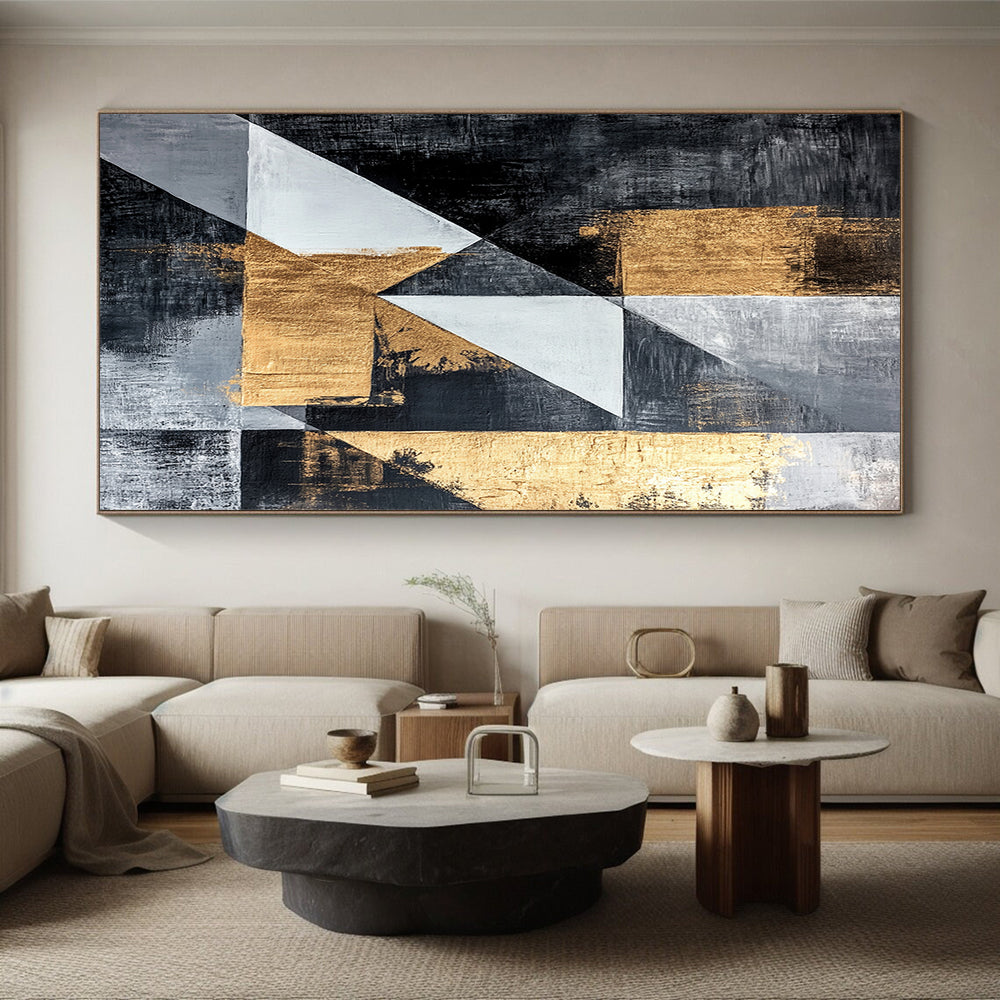 Dark Gray, Gold, Light Gray, White with Angular Shapes "Dynamic Geometry" Abstract Painting On Canvas HB013