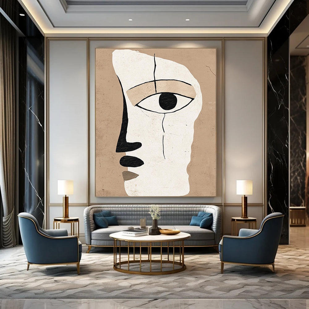 Contemporary abstract artwork featuring a minimalistic face design with an eye in warm beige and white tones, inspired by Henri Matisse. DLZ1311