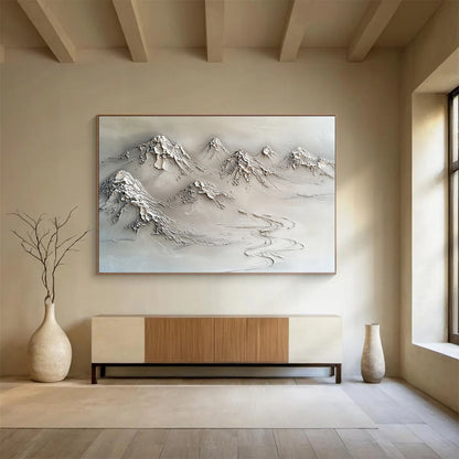 “Textured Mountain Range” - Neutral Grays, Beiges, Textured Mountain Landscape - 3D Relief Sculpture Painting HB1751