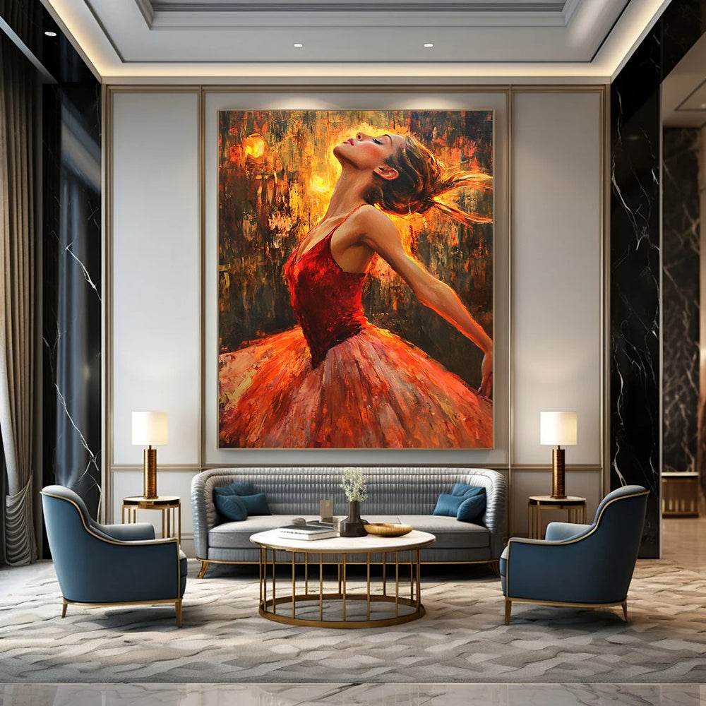 Contemporary hand-painted artwork capturing a ballerina in red dancing gracefully amidst firelight, with a focus on her expressive face. DLZ1091
