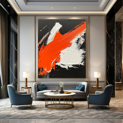 Contemporary hand-painted abstract artwork featuring dynamic orange and white strokes on a striking black background inspired by Wu Guanzhong. DLZ0499