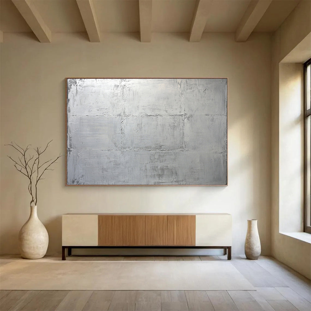 “Minimalist Silver Grid” - Subtle grays, textured grid, Minimalist Textural Painting On Canvas HB0575