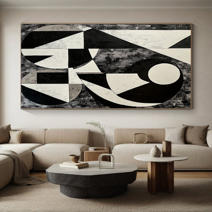 Black, White and Gray Geometric Abstraction "Monochrome Maze" Painting On Canvas HB392