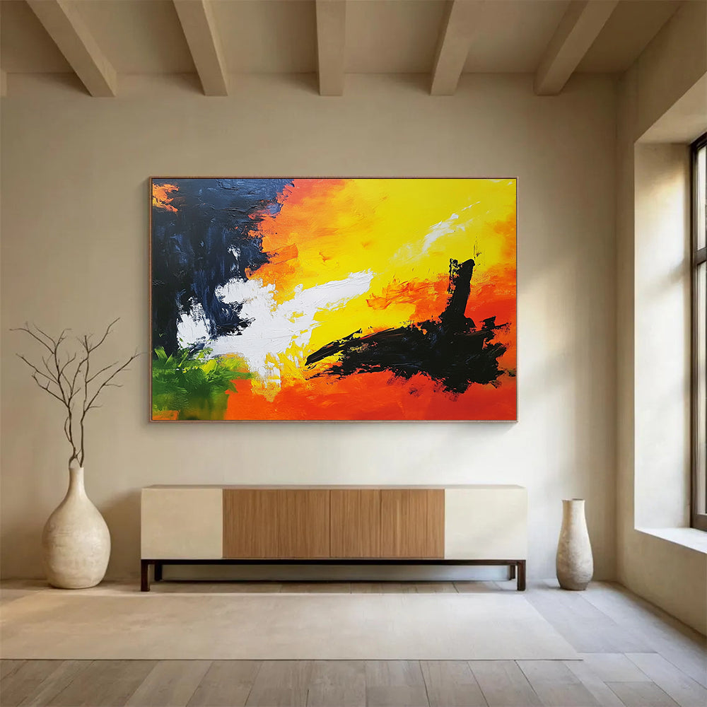 “Fiery Abstract Sky” - Yellow, Orange, Black, Green, Abstract Dramatic Sky Painting On Canvas HB1090