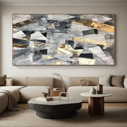 Gray, Black, White and Gold Abstract Collage "Urban Mosaic" Painting On Canvas HB369