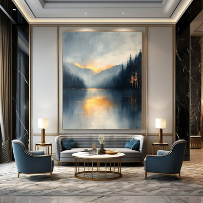 Contemporary abstract painting featuring a misty light blue and gray sky with gold leaf accents and visible brush strokes for an atmospheric effect. DLZ0514