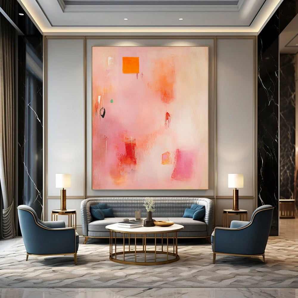 Contemporary hand-painted abstract artwork featuring soft pinks and oranges with organic brush strokes and vibrant yellow and red shapes. DLZ0926