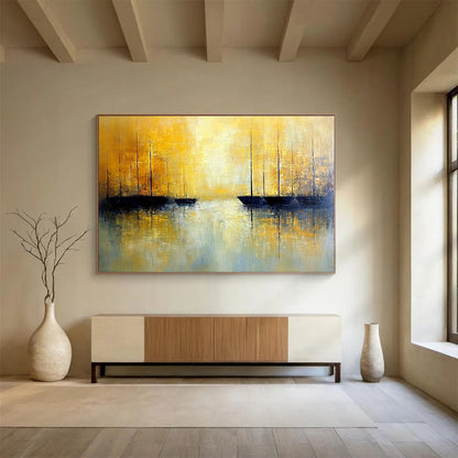 “Golden Sailboat Abstract” - Yellow, Blue, Black with Sailboat Silhouettes - Painting On Canvas HB1383
