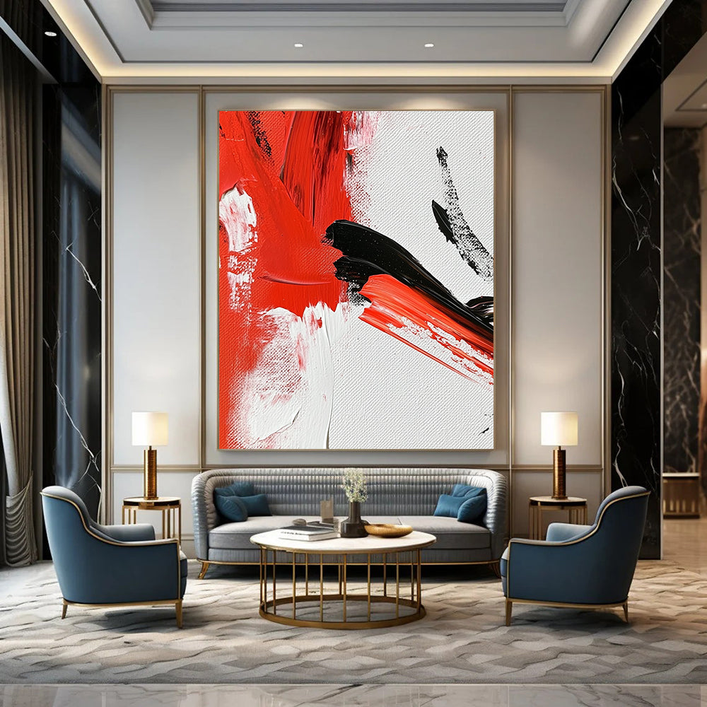 Contemporary abstract painting featuring vibrant red and white strokes on canvas with intricate details reminiscent of traditional ink techniques. DLZ0787