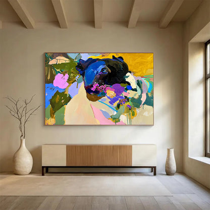 “Colorful Dog with Flowers” - Black dog, colorful flowers, vibrant background, Expressive Animal Painting On Canvas HB0600