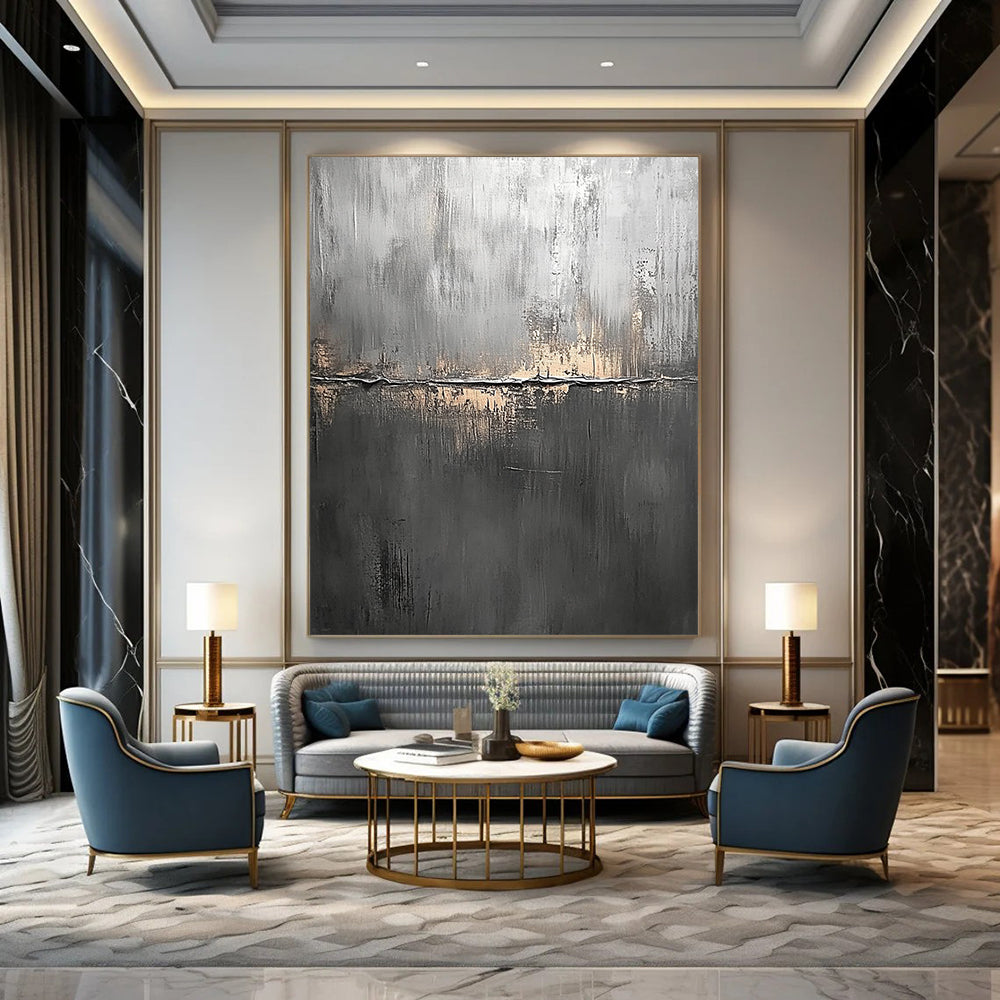 Contemporary abstract painting features a textured dark gray canvas with subtle brush strokes creating depth and visual intrigue. DLZ1281