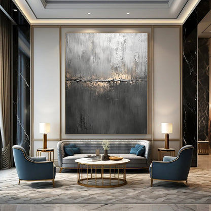 Contemporary abstract painting features a textured dark gray canvas with subtle brush strokes creating depth and visual intrigue. DLZ1281