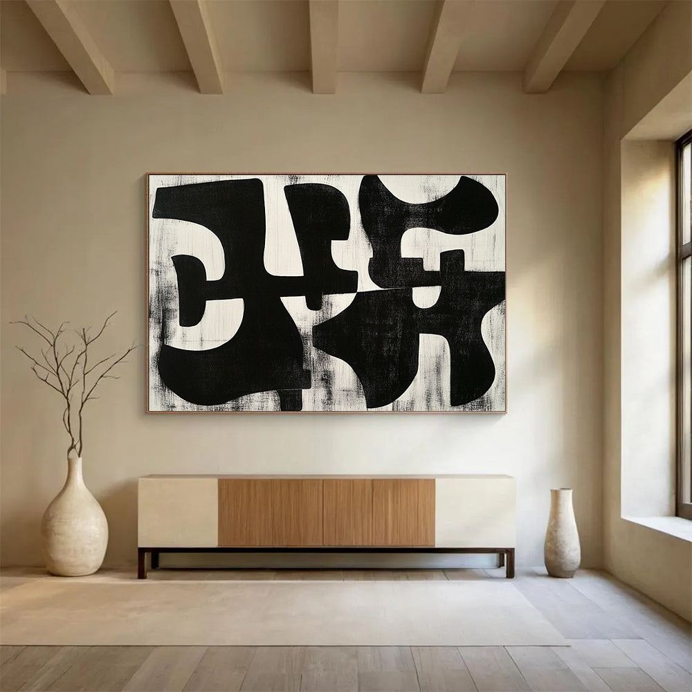 Black and White Abstract Shapes - Modern Geometric Painting On Canvas HB0458