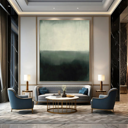 Abstract expressionism in muted gray and white tones featuring heavy brush strokes and a hazy atmosphere against a dark green background. DLZ1033