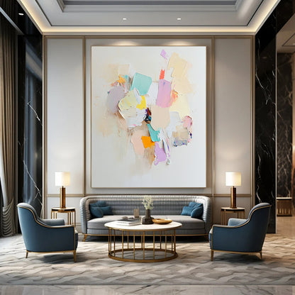 Contemporary abstract art features an arrangement of white paper pieces with soft colors, evoking calmness and serenity in a tranquil composition. DLZ0886