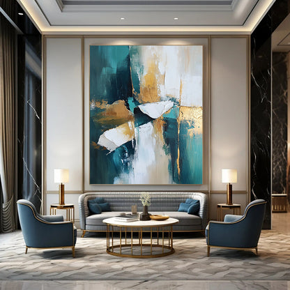 Contemporary abstract painting featuring teal and white tones with gold accents. High-resolution artwork with dramatic lighting and atmospheric quality for stunning visuals. DLZ0444