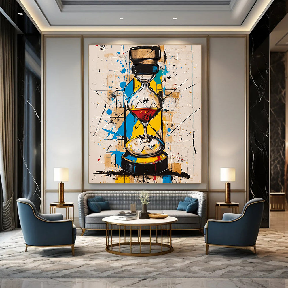 Contemporary abstract art with vibrant colors geometric shapes features an hourglass and a whisky bottle harmoniously integrated in the striking composition. DLZ1090