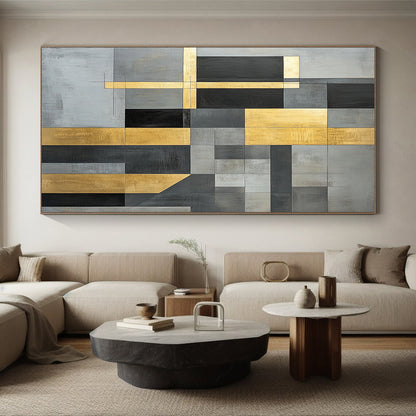 Gray, Black, Gold and White Geometric Composition "Timeless Structure" Painting On Canvas HB354